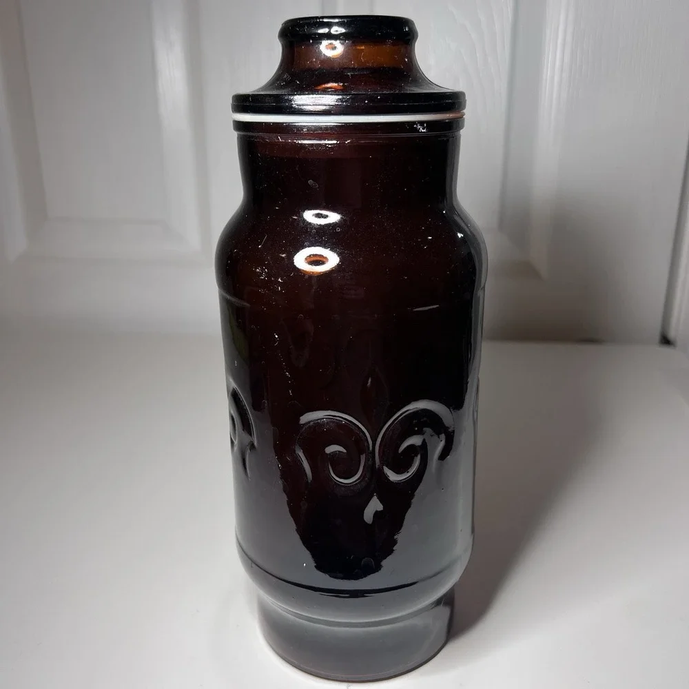 Vtg 1970's Borden Cremora Amber Glass Canister Apothecary‎ Jar Fleur Di Lis 9